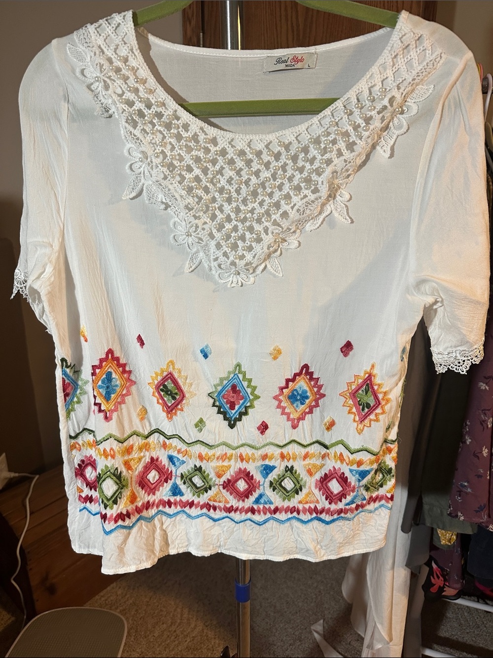 White Embroidered Boho Women's Top with Crochet Yoke
